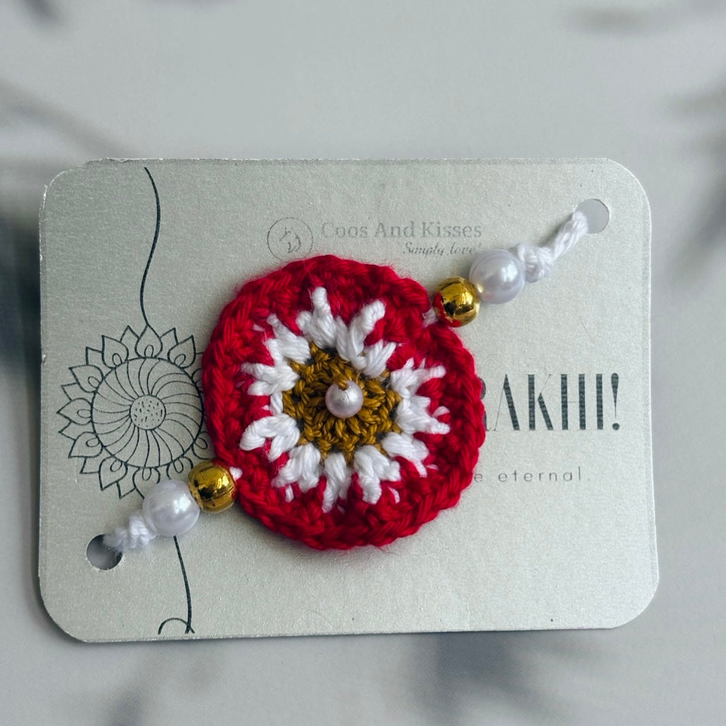 Handmade Crochet Dandelion Rakhi - RED & WHITE