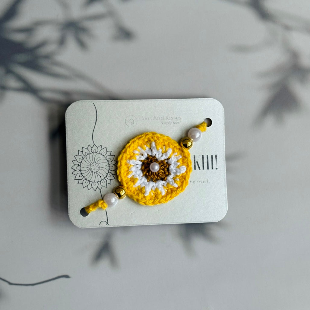 Handmade Crochet Dandelion Rakhi - YELLOW & WHITE