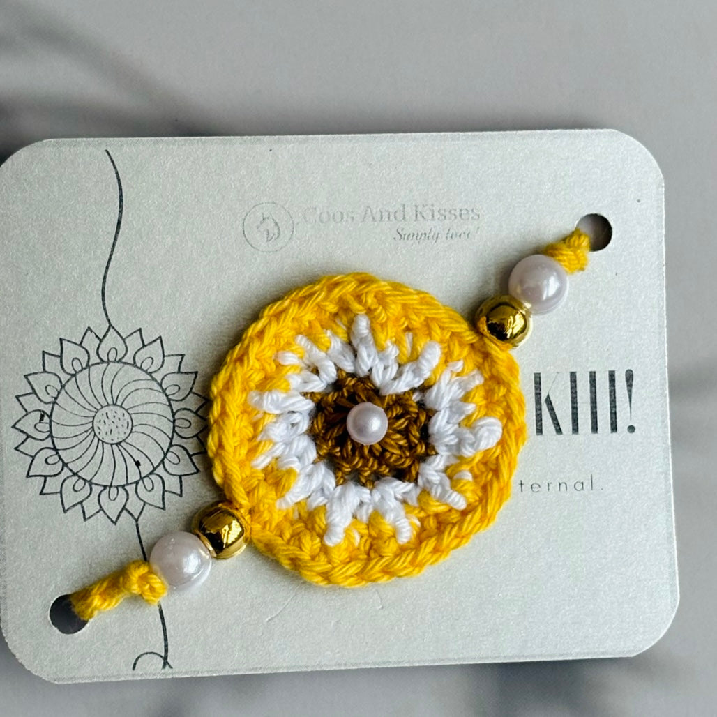 Handmade Crochet Dandelion Rakhi - YELLOW & WHITE