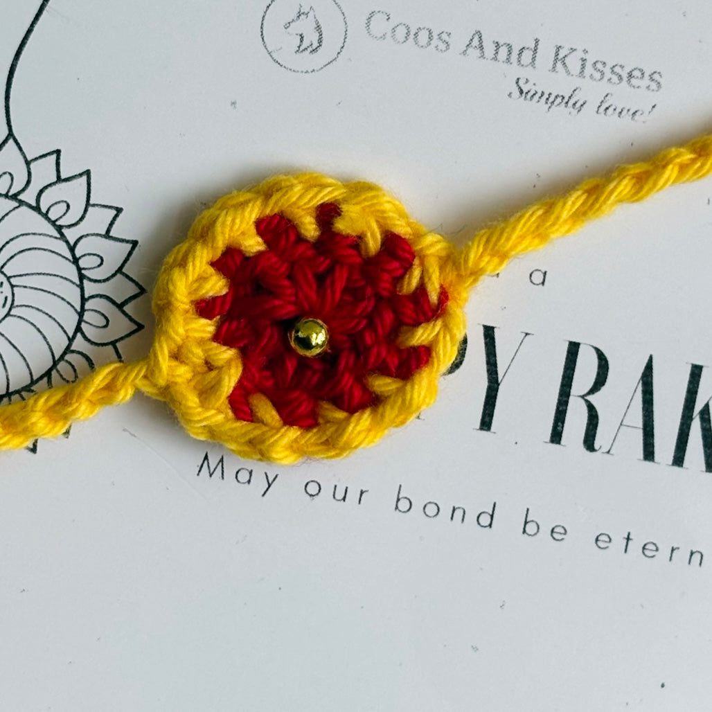 Handmade Crochet Dandelion Rakhi Small - RED & Yellow