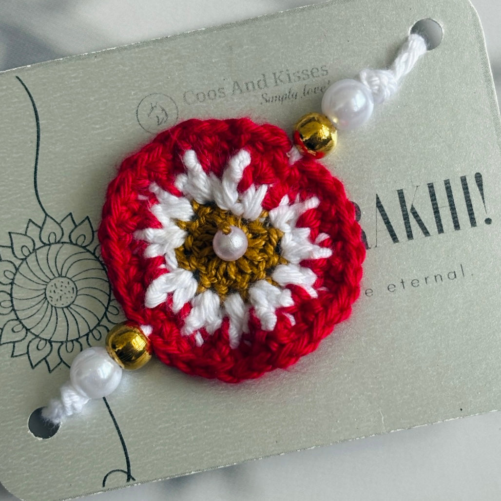 Handmade Crochet Dandelion Rakhi - RED & WHITE