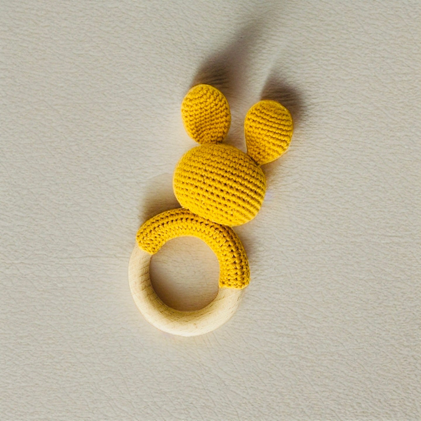 Crochet Bunny Rattle Wooden Teether (Mustard/Yellow)