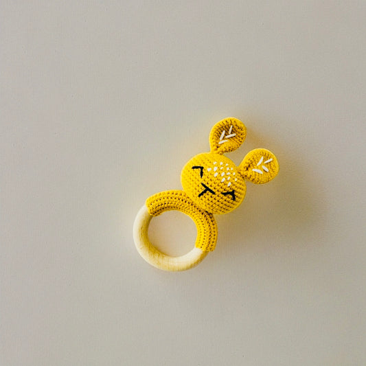 Crochet Bunny Rattle Wooden Teether (Mustard/Yellow)