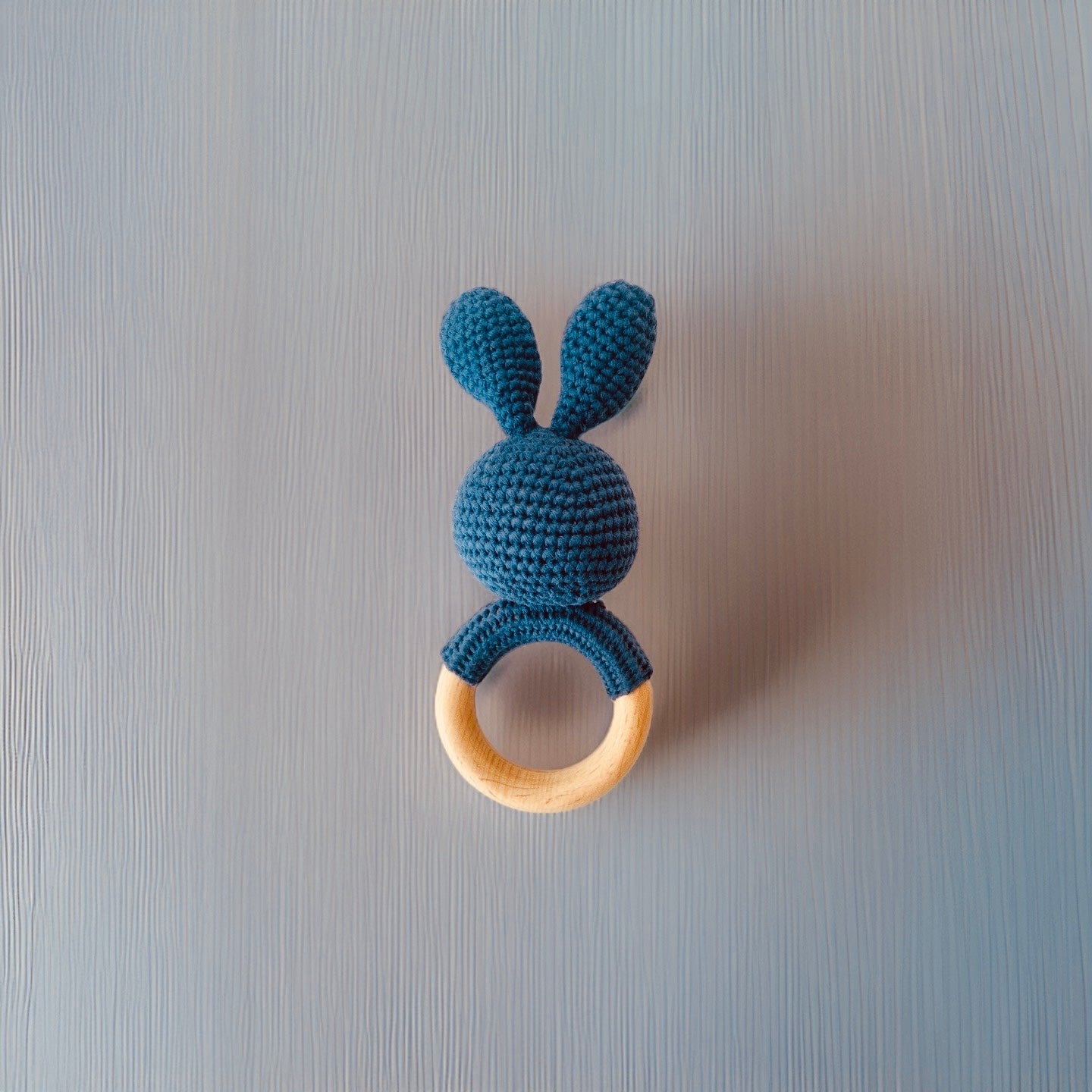 Crochet Bunny Rattle Wooden Teether (Dark Blue)