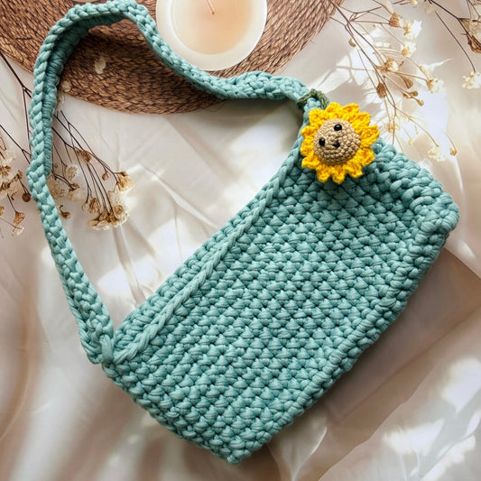 Handmade Shoulder Handbag with sunflower bag charm – 11 x 5 inches