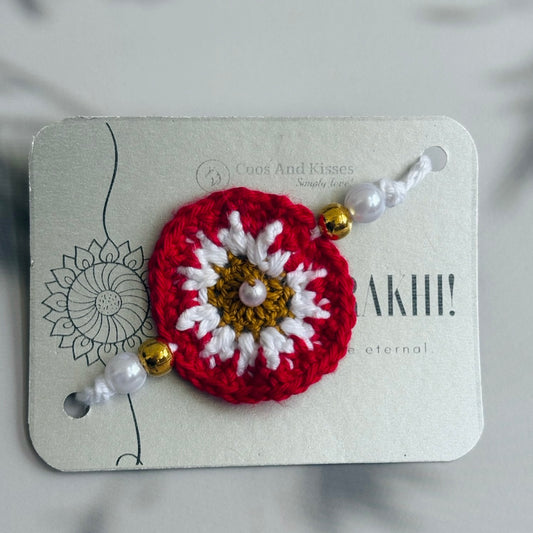 Handmade Crochet Dandelion Rakhi - RED & WHITE