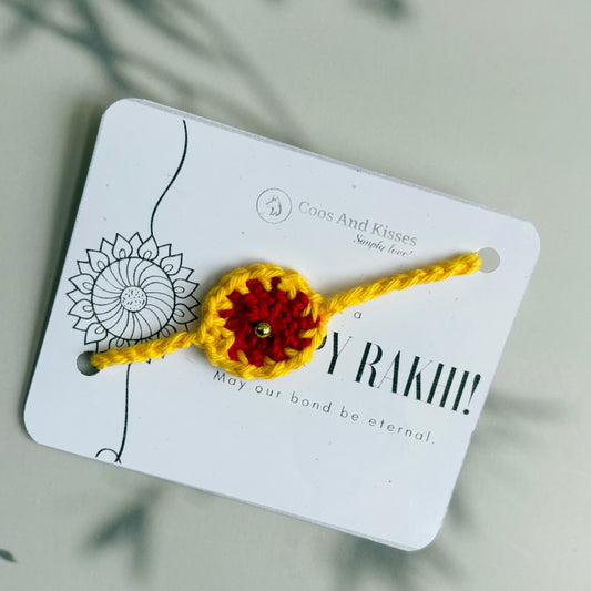 Handmade Crochet Dandelion Rakhi Small - RED & Yellow