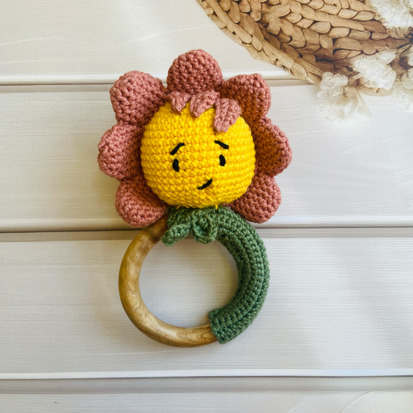 Handmade Daisy Rattle Teether (Yellow&Pink)