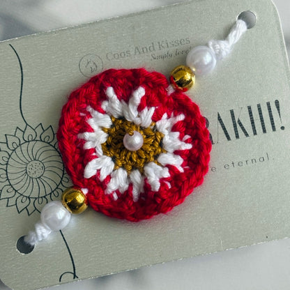 Handmade Crochet Dandelion Rakhi - RED & WHITE