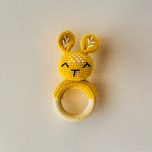 Crochet Bunny Rattle Wooden Teether (Mustard/Yellow)