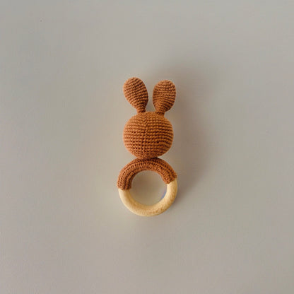 Crochet Bunny Rattle Wooden Teether (Brown)