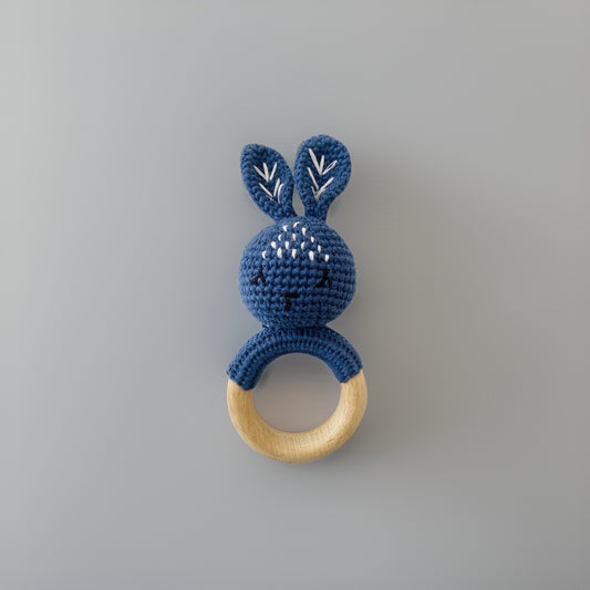 Crochet Bunny Rattle Wooden Teether (Dark Blue)